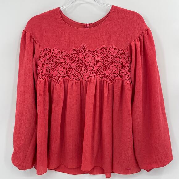 CHLOE Crepe Long Sleeve Blouse Girls Size 14 Crochet Bodice Vibrant Relaxed Boho - Picture 1 of 8